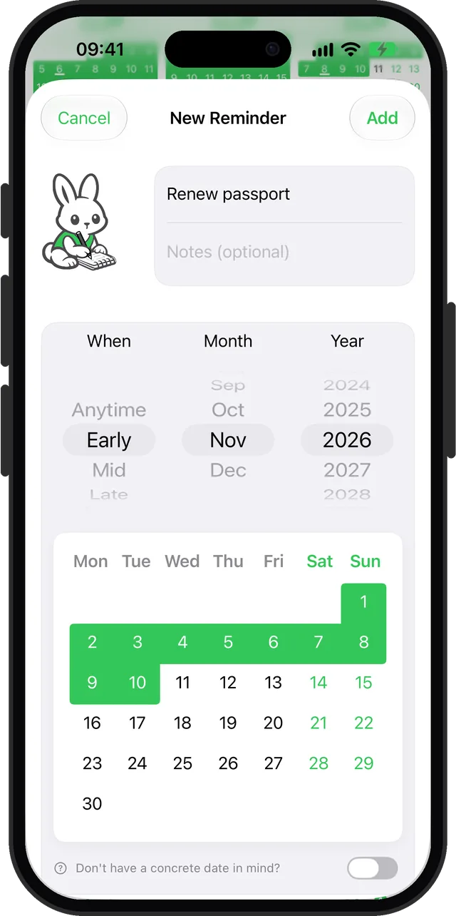 New reminder in Remi named Renew passport with When set to Early and Month set to November, highlighting the 1st to the 10th on the calendar
