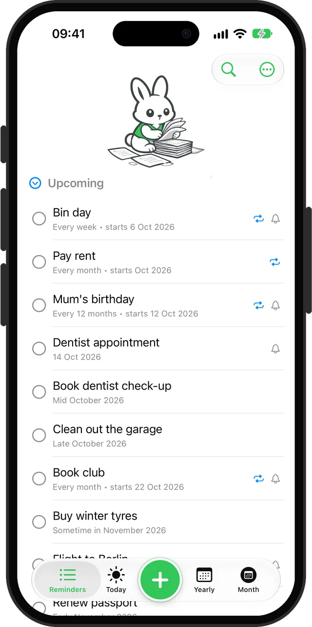 Remi reminder list showing Pay rent repeating every month, Bin day every week, and Mum's birthday every 12 months