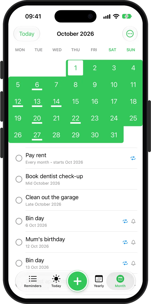 Remi month view for October 2026 with Pay rent, Book dentist check-up mid-October and Clean out the garage late October
