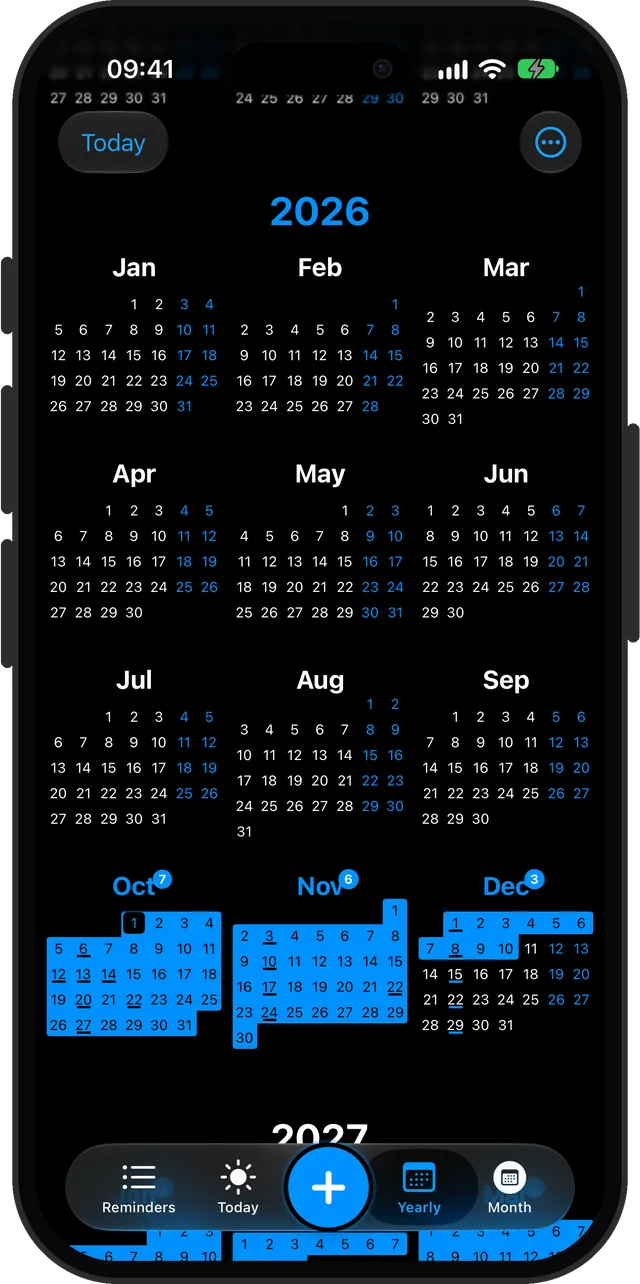 Yearly view in blue, dark mode