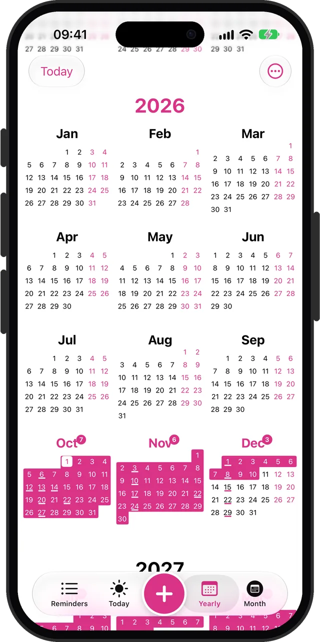 Yearly view in the magenta accent colour