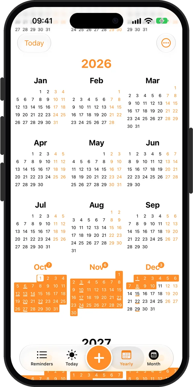 Yearly view in the orange accent colour