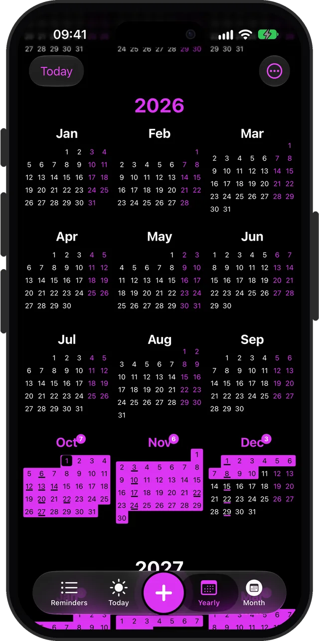 Yearly view in purple, dark mode