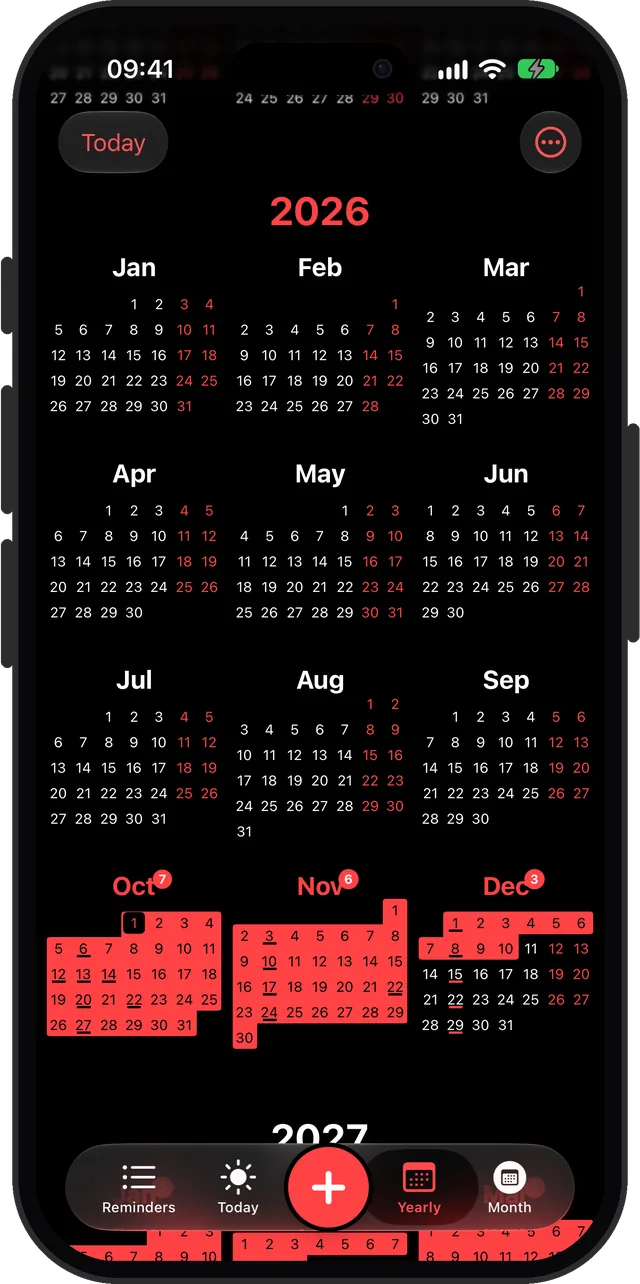 Yearly view in red, dark mode