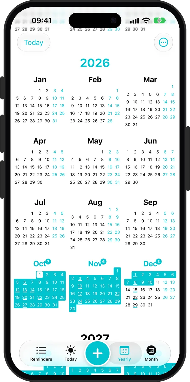 Yearly view in the teal accent colour