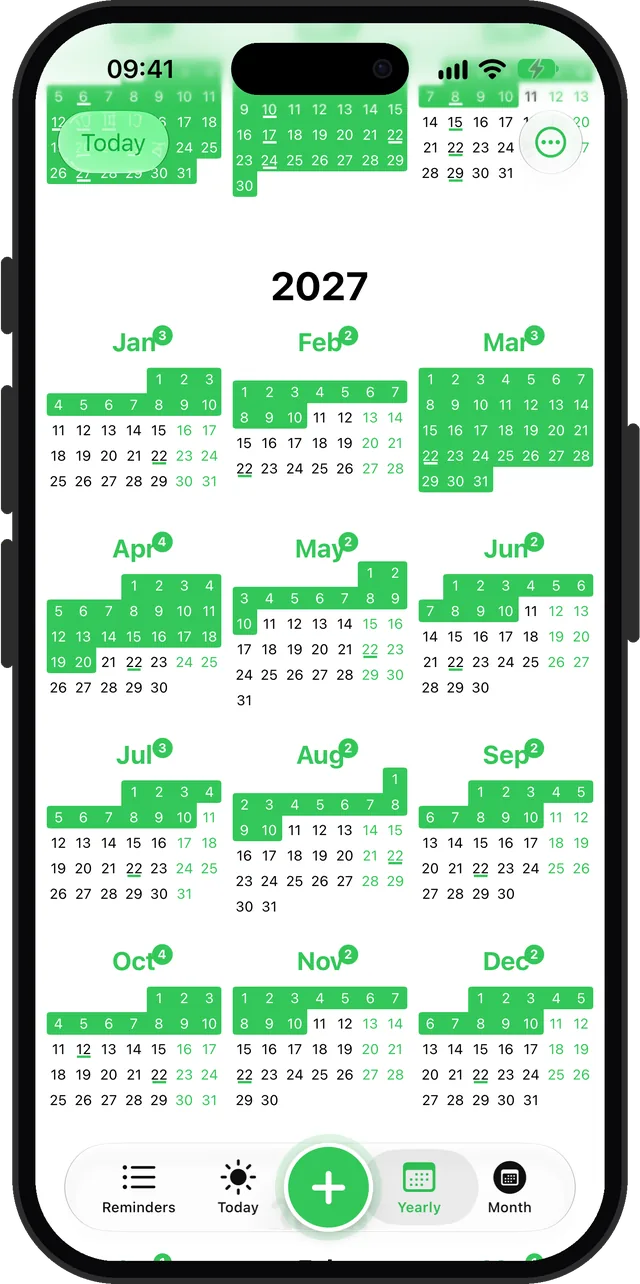 Remi yearly view showing all twelve months of 2027 with reminder days highlighted in green