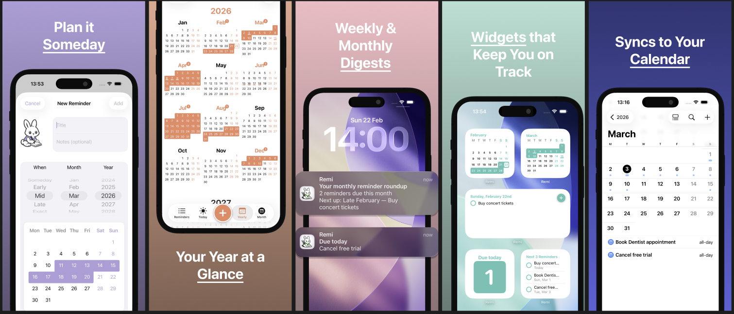 Remi daily planner and checklist app screenshots showing scheduling, yearly overview, widgets, and calendar sync